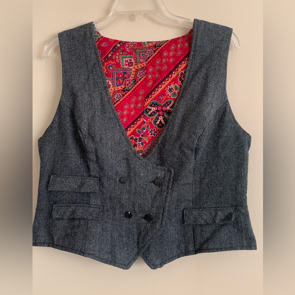 Vintage Tweed Vest Womens L/XL Lined Bandana Style Paisley Sexy Retro